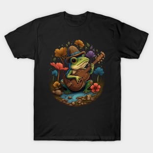 Cottagecore aesthetic cute frog playing ukelele on Mushroom T-Shirt